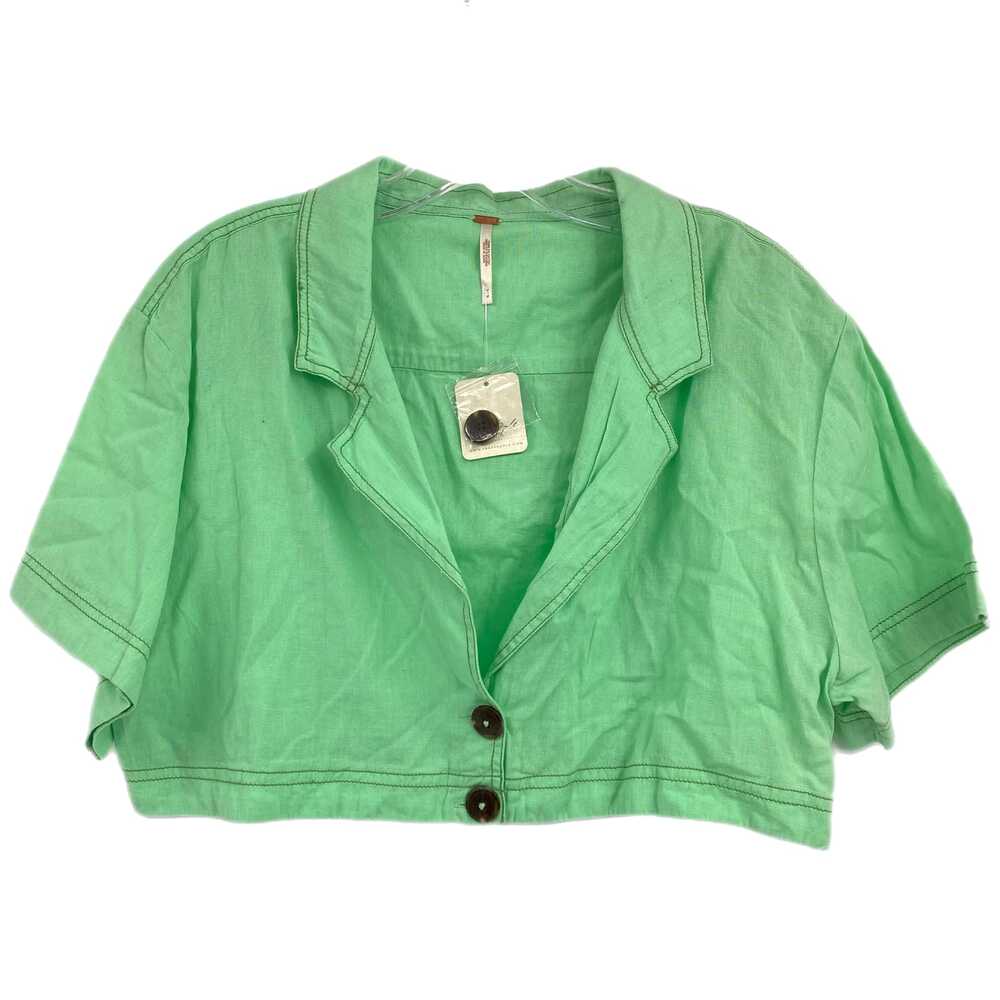 Free People Green Short Sleeve Cropped Button-Up Top | Size M
